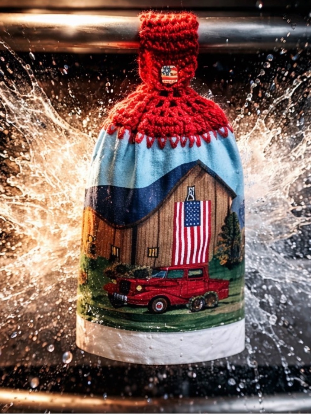 Red and Blue Crochet Kitchen Towel